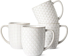 16 oz Coffee Mug Set, Ceramic Mug, Embossed Mug, Set of 4, Arctic White 07FC0E-D4 - KOEEK