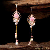 1Pair Chinese Ethnic Long Earrings Pink Flower Tassels Hanfu Accessories Jewelry 07FC0E-D4 - KOEEK