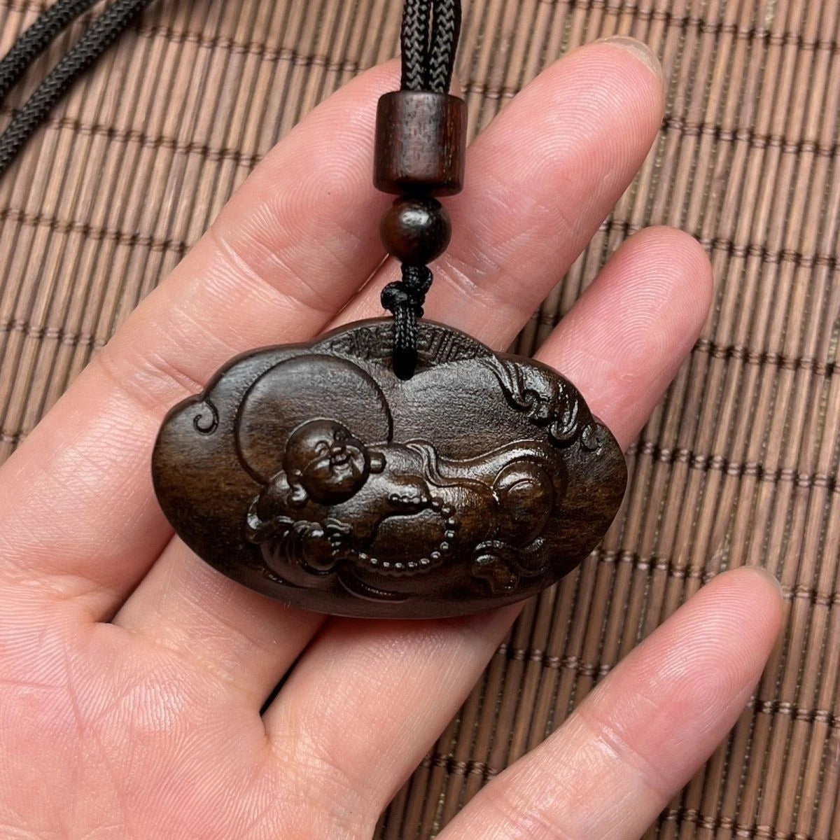 Double Sided Relief Amulet Unisex Agarwood Carved Maitreya Pendant Jewelry 07FC0E-D4 - KOEEK