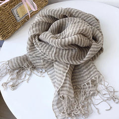 Mens Flax Linen Scarf Khaki Stripe Breathable Neckerchief Stole Bandana 07FC0E-D4 - KOEEK