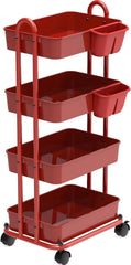 4-Tier Multi-Purpose Rolling Utility Cart with Bucket, Red 07FC0E-D4 - KOEEK