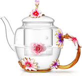 35OZ Enamel Glass Flower Teapot With Removable Loose Tea Leaf Infuser Tea Maker 07FC0E-D4 - KOEEK