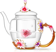 35OZ Enamel Glass Flower Teapot With Removable Loose Tea Leaf Infuser Tea Maker