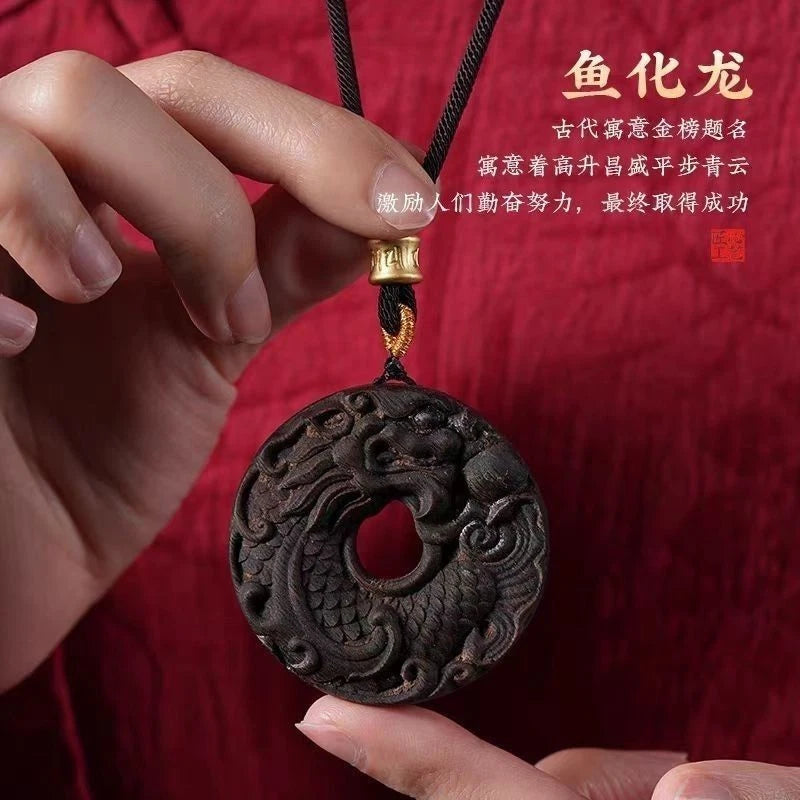 Vietnam Agarwood Fish Dragon Beast Carved Pendant Natural Wood Unisex 07FC0E-D4 - KOEEK