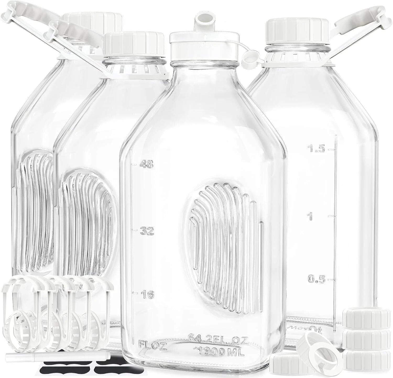 4 Pack 2 Qt Glass Milk Bottles with Handle and Airtight Reusable Screw Lids 07FC0E-D4 - KOEEK