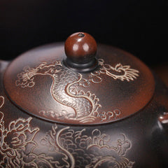 Pottery Tea Pot With Ball Shaped Infuser Holes Dragon Carved Xishi Pot Handmade 07FC0E-D4 - KOEEK