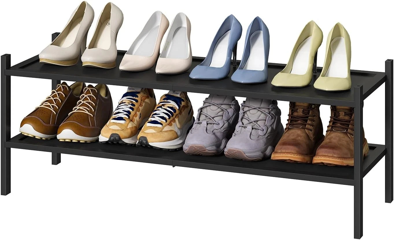 Black 2-Tier Long Stackable Bamboo Wood Shoe Rack for Closet, Entryway & Hallway 07FC0E-D4 - KOEEK