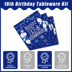 96-piece 16th birthday party tableware set, blue and silver theme