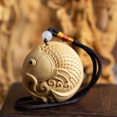 Boxwood Koi Dragon Gate Carved Hand Piece Portable Wood Pendant 07FC0E-D4 - KOEEK