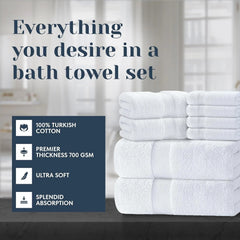 Luxury White Bath Towel Set of 8 Pieces - Turkish Cotton Highly Absorbent 07FC0E-D4 - KOEEK