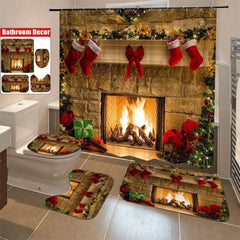 Chrismas Fireplace Shower Curtain Bath Rug Toilet Seat Cover Bathroom Set Decor 07FC0E-D4 - KOEEK