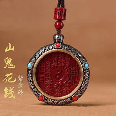 Natural Cinnabar Handcarved Tibetan Silver Bagua Pendant Amulet Necklace 07FC0E-D4 - KOEEK