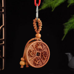 Retro Peach Wood Handcarved Feng Shui Four Divine Beasts Keychain Amulet Pendant 07FC0E-D4 - KOEEK