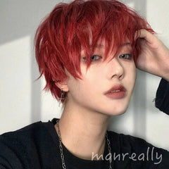 Daily Fluffy Men Short Hair Cosplay Kawaii Boys Full Wig Red Hairpiece Gift 07FC0E-D4 - KOEEK