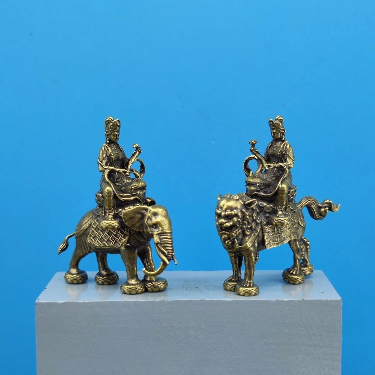 A Pair 2.3"Brass Manjusri Samantabhadra Bodhisattva Buddhism Statue Ornament 07FC0E-D4 - KOEEK