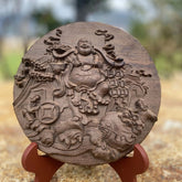 Agarwood Round Plaque Fu Lu Decor with Base 18cm 07FC0E-D4 - KOEEK
