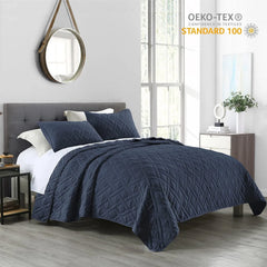 Quilt Set Queen Size Navy Blue, Classic Geometric Diamond Stitched Pattern