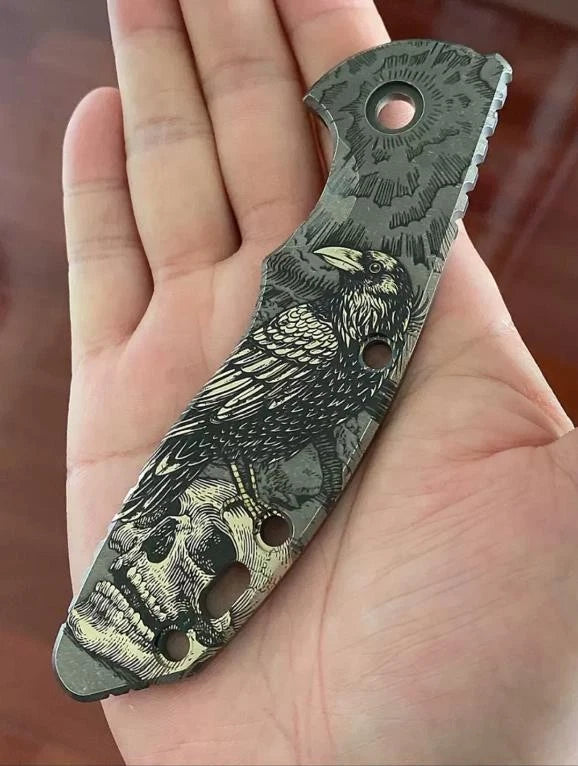 1 Pc Crow carving pattern Titanium Handle Scale for Rick Hindrer XM18 3.5” 07FC0E-D4 - KOEEK