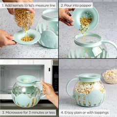 Microwave Popcorn Maker with Glass, 3-in-1 Lid, Melted Butter,3-Quart,Aqua Green 07FC0E-D4 - KOEEK