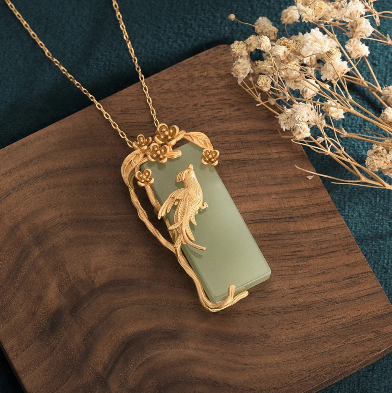 Jade Pendant Necklace Charm 18K Gold Plated Chain Phoenix Bird Dainty Gemstone 07FC0E-D4 - KOEEK