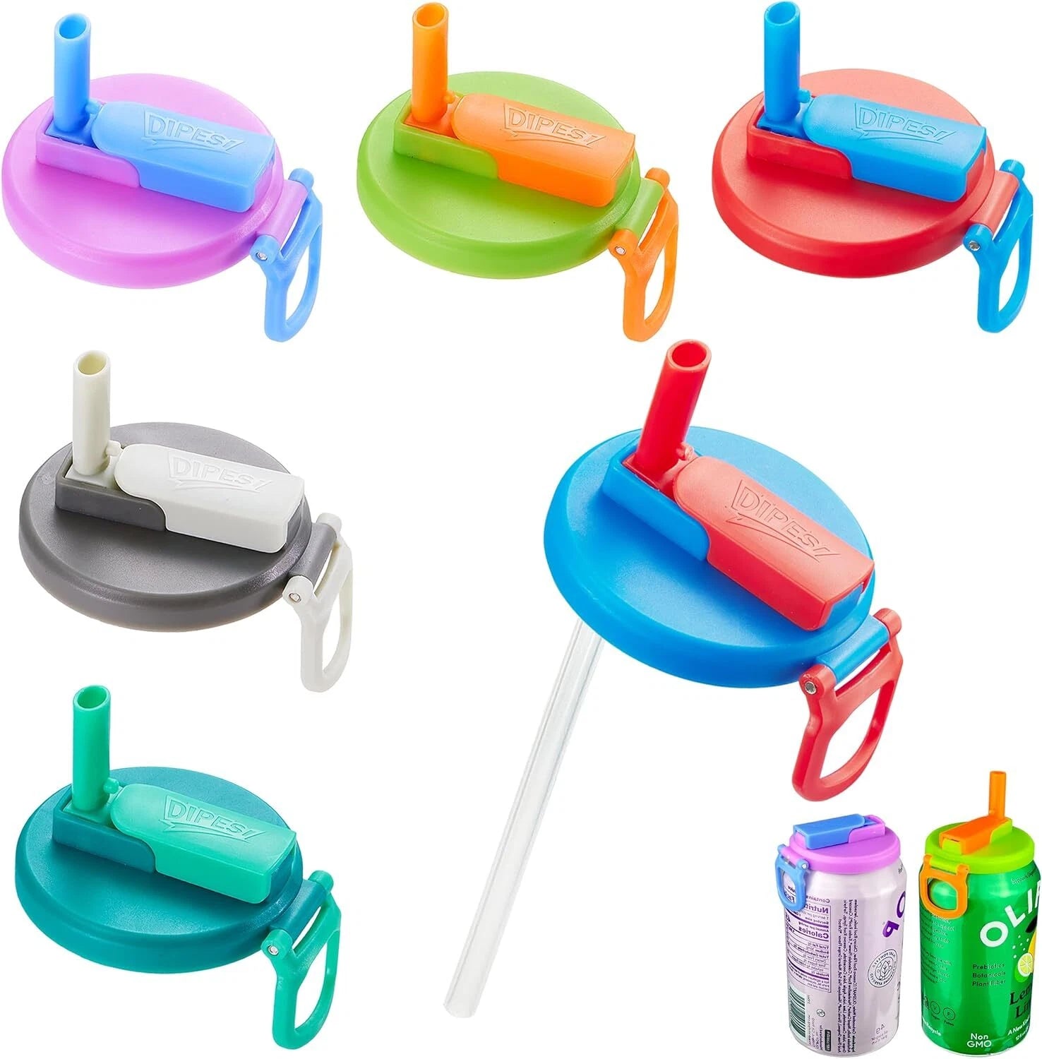 6 pack 6 color Soda Can Lids Straws, Reusable Silicone Straws Soda Can Covers 07FC0E-D4 - KOEEK