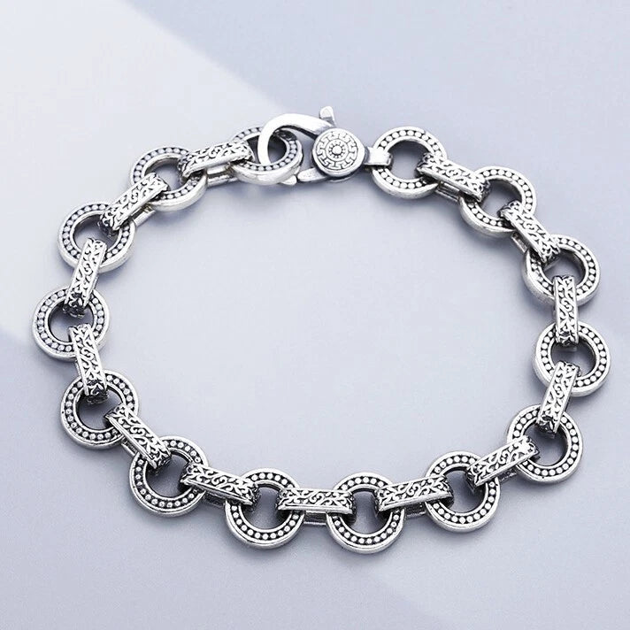 Real Solid 925 Sterling Silver Pattern Circle Bracelet Chain Jewelry 7.1"-7.9" 07FC0E-D4 - KOEEK