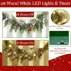 6FT Flocked Cedar Garland with Lights Timer, Pre-Lit Christmas Garland Pinecones 07FC0E-D4 - KOEEK