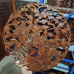 Round Peony Wood Carving Wall Hanging Camphor Wood Hollow 28cm Home Decor 07FC0E-D4 - KOEEK