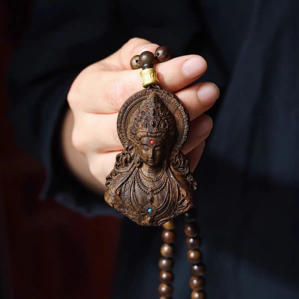 Nha Trang Agarwood Guanyin Pendant Necklace Natural Wood Sweater Chain Charm 07FC0E-D4 - KOEEK