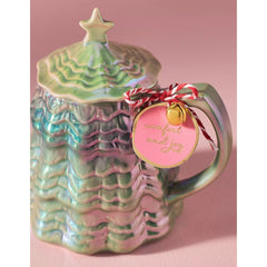 Anthropologie Merry Luster Tree Lidded Mug Holly Green Holiday Christmas ANTHROPOLOGIE - KOEEK