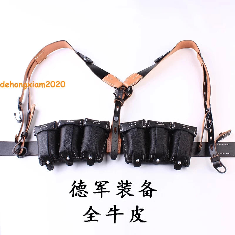 WW2 German Army Cowhide Belts Y-shape Double Straps Ammo Pouch Reproduction 98K 07FC0E-D4 - KOEEK
