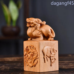 Cliff Cypress Wood Hand-carved Tea Pet Chinese Mascot Wealth Feng Shui Decor 07FC0E-D4 - KOEEK