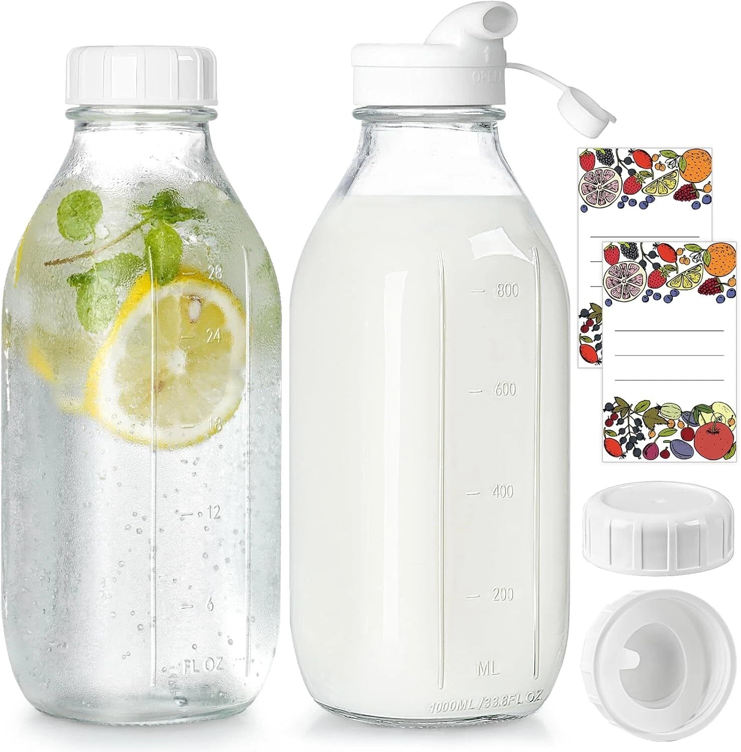 Milk Bottle with Dispenser Cap, Airtight Heavy Duty Screw Lid. 2 Pack 32 Oz 07FC0E-D4 - KOEEK