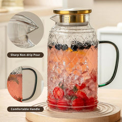 Glass Pitcher with Lid, 2 PACK 68 oz/2 Liter Vintage Water Pitcher, Clear 07FC0E-D4 - KOEEK