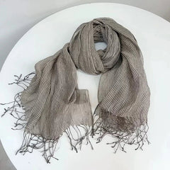 Womens Blue Pinstripe Tasseled Scarf Unisex Soft Flax Linen Bandana Wrap Scarves 07FC0E-D4 - KOEEK
