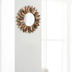 Boho Wall Decor 12 inch Decorative Mirror with Rustic Wood Sunburst Frame 07FC0E-D4 - KOEEK