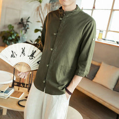 Men Vintage Kung Fu Shirts Tops 3/4 Sleeve Cotton Linen Chinese Style Tang Suit 07FC0E-D4 - KOEEK