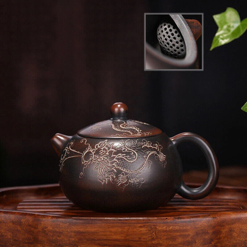 Pottery Tea Pot With Ball Shaped Infuser Holes Dragon Carved Xishi Pot Handmade 07FC0E-D4 - KOEEK