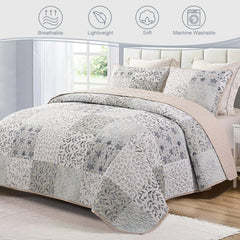 Reversible Quilt Set Queen Size, 3 Pieces Patchwork Gray All Season Bedspreads 07FC0E-D4 - KOEEK