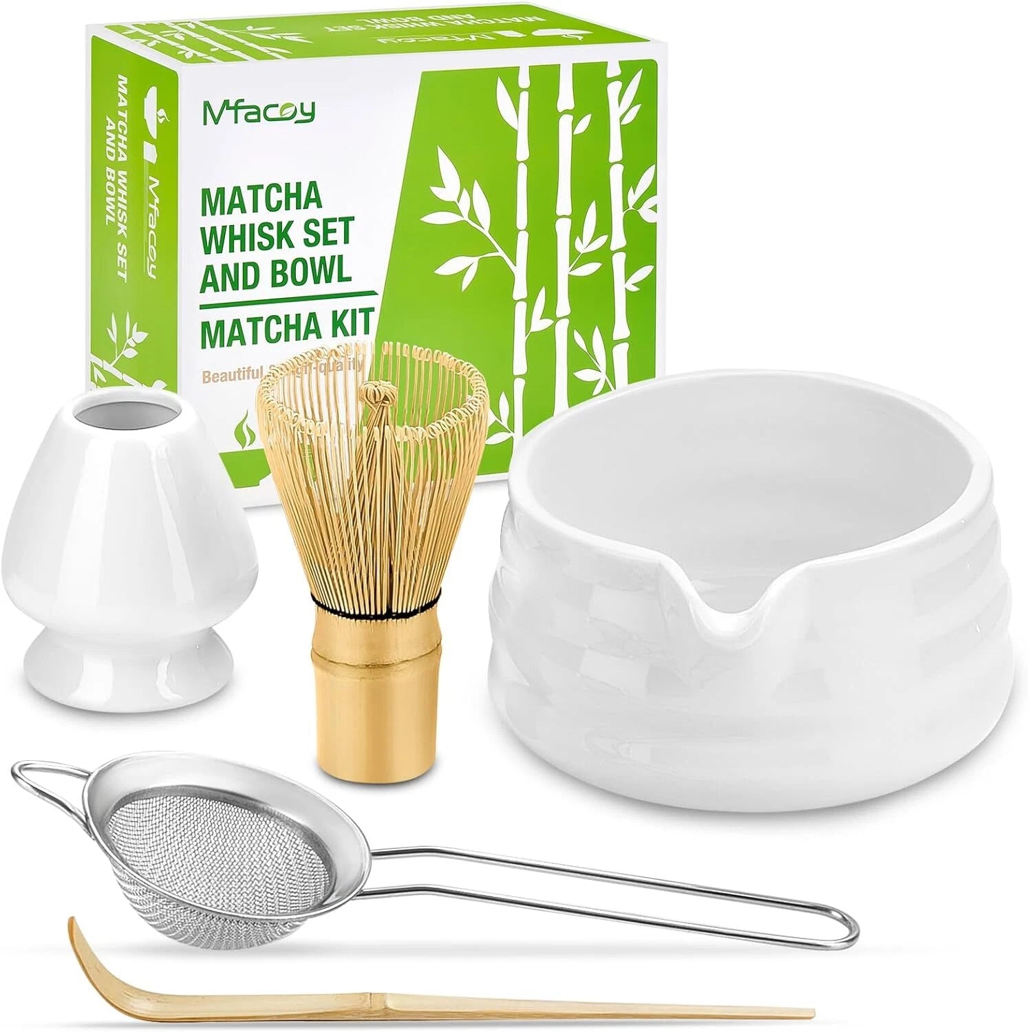 Matcha Whisk Set, Japanese Tea Set (5pcs) includes Matcha Bowl with Spout (19 oz 07FC0E-D4 - KOEEK