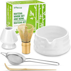 Matcha Whisk Set, Japanese Tea Set (5pcs) includes Matcha Bowl with Spout (19 oz 07FC0E-D4 - KOEEK