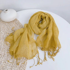 Womens Soft Linen Cotton Scarf Solid Color Tassel Yellow Neckerchief Shawl 07FC0E-D4 - KOEEK