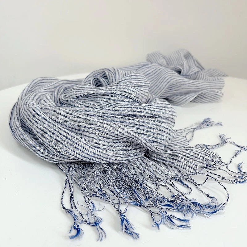 Womens Blue Pinstripe Tasseled Scarf Unisex Soft Flax Linen Bandana Wrap Scarves 07FC0E-D4 - KOEEK