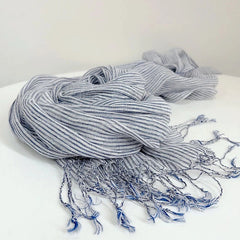 Womens Blue Pinstripe Tasseled Scarf Unisex Soft Flax Linen Bandana Wrap Scarves 07FC0E-D4 - KOEEK