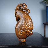 Boxwood Wood Carved Dragon Phoenix Pendant 9cm Handheld Piece Hanging Charm 07FC0E-D4 - KOEEK