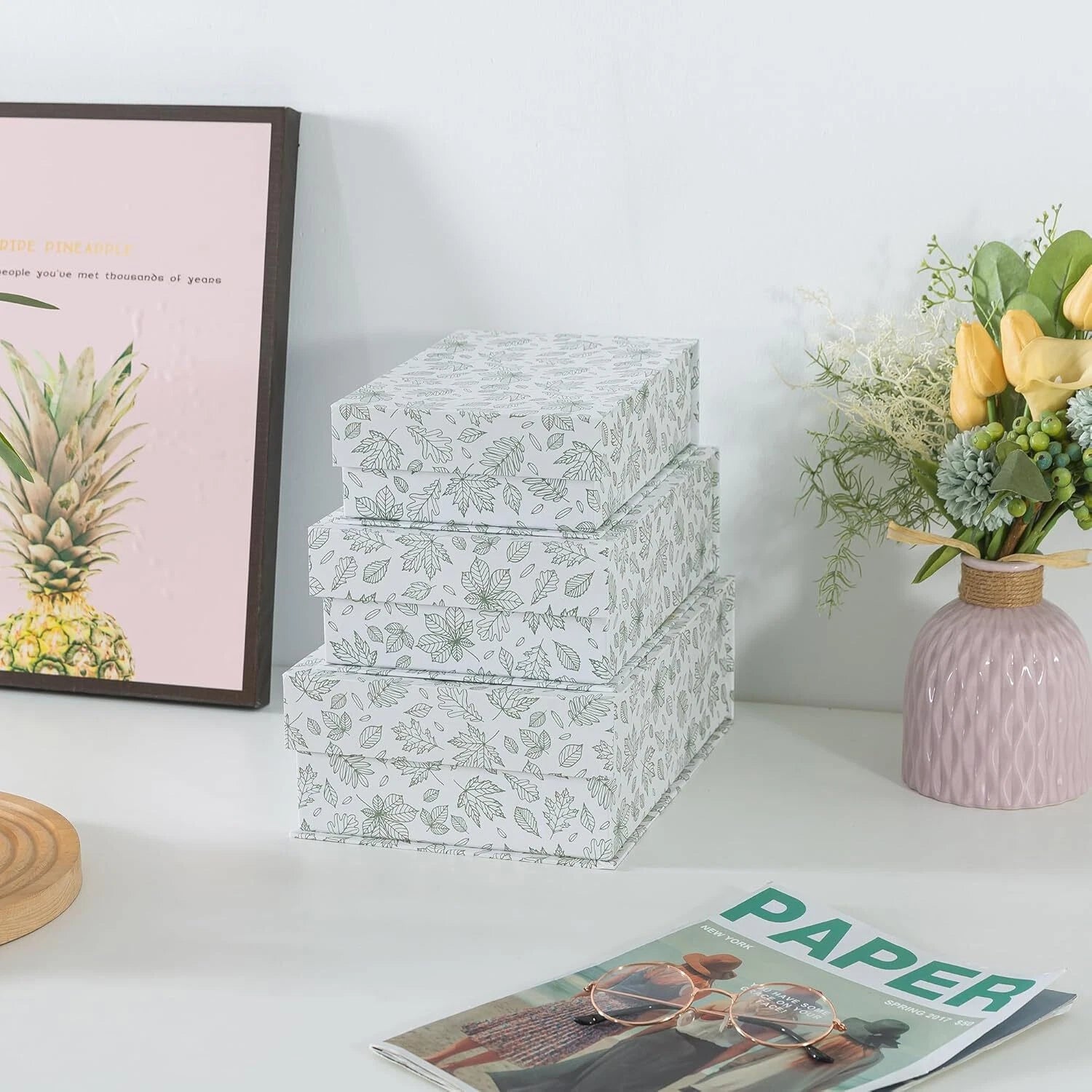 Decorative Cardboard Storage Boxes, Set of 3 Light Green Floral Pattern Keepsake 07FC0E-D4 - KOEEK
