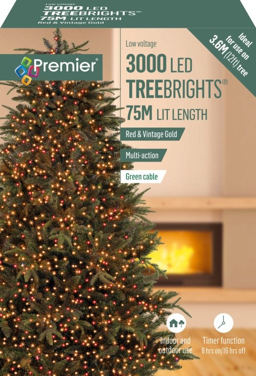 Premier Multi Action Treebrights With Timer 3000 LED Red & Vintage Gold/Green PREMIER - KOEEK