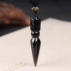 Obsidian Natural Crystal Quartz Carve Vajra Dorje Phurpa Dagger Buddhist Pendant 07FC0E-D4 - KOEEK