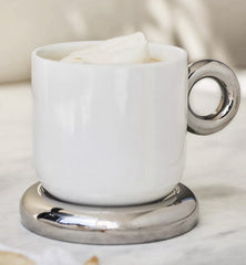 Anthropologie Coffee Mug with Lids Becomes Saucers Too White/Silver Set Of 2 ANTHROPOLOGIE - KOEEK
