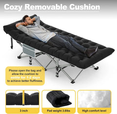 Black folding camp bed with mattress, 800 lb. maximum load capacity 07FC0E-D4 - KOEEK